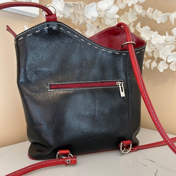 VERA PELLE Made in Italy Black and Red Leather Backpack with Convertible Straps - Picture 4 of 17